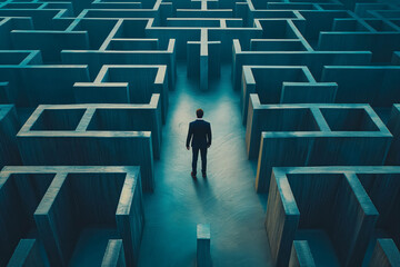 businessman standing in middle of a maze looking for the right way out, problems and solutions conce