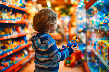 A young child in a blue jacket is looking at toys on a shelf in a store. The child is focused on a toy car in their hand. The shelves are filled with colorful toys.