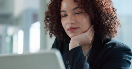 Poster - Business, woman and thinking or tablet in office with reading information, research planning and problem solving. Legal intern, digital tech and checking schedule, calendar or networking at workspace