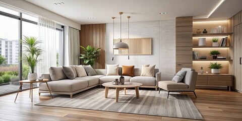 Wall Mural - Modern living room with minimalist design and neutral color scheme, Modern, living room, minimalist, design, contemporary, interior