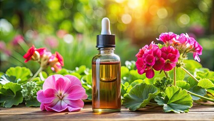 Sticker - Geranium oil in a chic dropper bottle with flowers and leaves, in a garden setting, Geranium, oil, chic