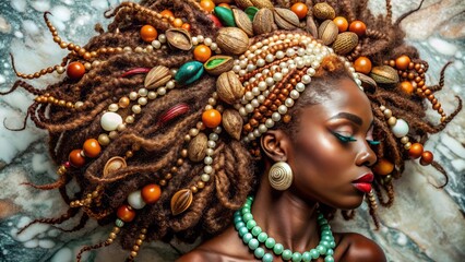 Vibrant curls of African textured hair adorned with ornate beads and shells on marble background exuding opulence and cultural richness.