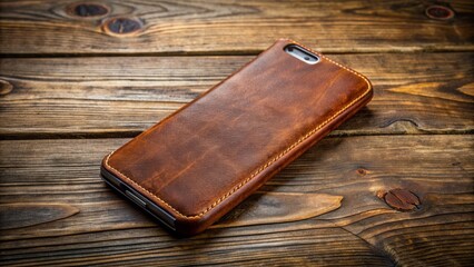 Poster - High-quality leather smartphone case lying on a rustic wooden background showcasing natural textures and earthy tones for premium product showcase.