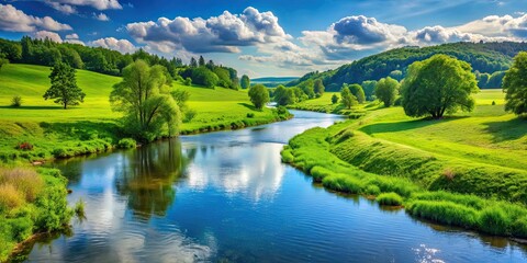 Wall Mural - Beautiful river flowing through vibrant green countryside, river, flowing, lush, green, countryside, scenic, nature, landscape