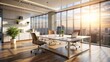 © DigitalArt Max - Sleek modern office setting features empty white table against blurred backdrop of floor-to-ceiling windows bathing in warm afternoon sunlight.