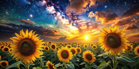 Sticker - Vibrant sunflowers reaching towards the cosmos in a dreamy and surreal scene, cosmic, sunflower, reverie, vibrant, dreamy, surreal