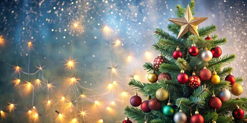 Wall Mural - Christmas tree scene background with twinkling lights, ornaments, and a star on top , Christmas, tree, scene, background