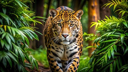 Sticker - A majestic jaguar prowling through dense jungle foliage, jungle, stalker, predator, wild, wildlife, nature, camouflage, fierce