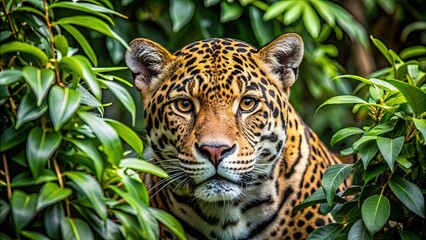 Poster - Stalking jaguar hiding in the dense foliage , jaguar, wildlife, predator, animal, feline, stealth, camouflage, jungle