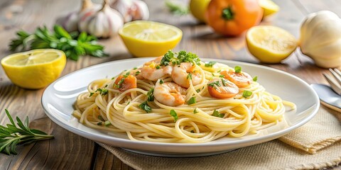 Poster - Still life photo of lemon garlic shrimp pasta on a white plate with fresh ingredients in the background , food, seafood, pasta