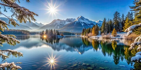 Wall Mural - Scenic view of a tranquil lake with snow-covered mountains in the background and sunlight shining through the trees, background