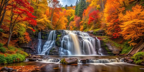 Sticker - Autumnal waterfall surrounded by vibrant fall colors in lush forest , waterfall, autumn, fall, vibrant, scenic, foliage