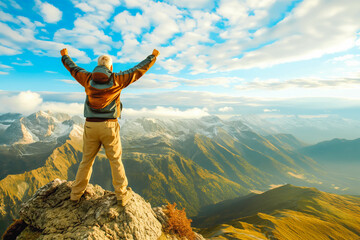 Positive man celebrating on mountain top, with arms raised up