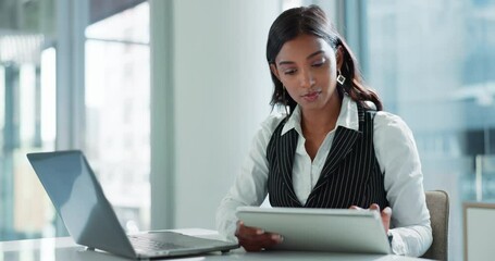 Aufkleber - Woman, tablet and laptop in office with reading, typing and virtual consultation for legal info at law firm. Person, attorney or advocate with computer, touchscreen or check notification in workplace