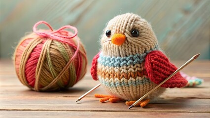 Wall Mural - Adorable knitted bird with yarn and needle , bird, knit, handmade, cute, craft, wool, hobby, needlework, DIY