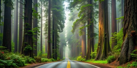 Canvas Print - Foggy Redwood Highway surrounded by towering ancient trees and mist , misty, road, redwood, forest, highway, fog, nature, scenic