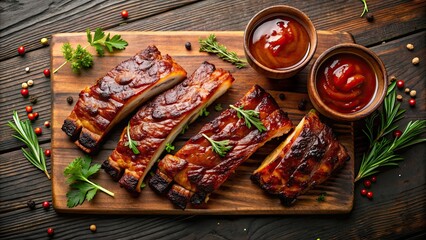 Poster - Delicious smoked pork spareribs glazed in BBQ sauce, top view, American, style, pork ribs, ribs, BBQ, sauce, smoked