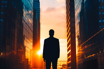 Silhouette of business man following his ambitions, standing between two skyscrapers at sunset