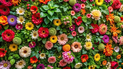 Canvas Print - Flowers on the wall with colorful petals and green leaves, floral, spring, decoration, background, vibrant, blooming, nature