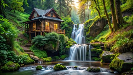 Wall Mural - A picturesque house nestled in a deep forest near a tranquil waterfall, House, forest, trees, nature, waterfall, serene