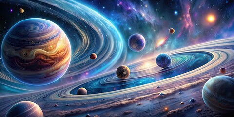 Wall Mural - abstract cosmic landscape with swirling planets, space, universe, abstract, cosmic, landscape, plane