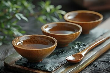 Wall Mural - Three wooden bowls with spoons on a tray, perfect for serving snacks .