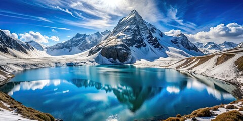 Poster - Snow covered mountain with a beautiful blue lake below, snow, mountain, blue, lake, nature, scenery, winter, cold