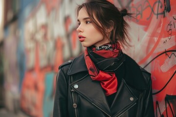 Canvas Print - Fashionable female model with a leather jacket and red scarf on graffiti background