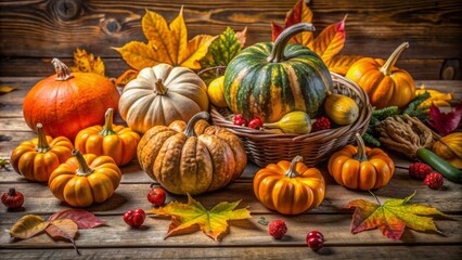 Wall Mural - Autumnal arrangement of pumpkins, gourds, and fallen leaves on a rustic wooden table, evoking warm Thanksgiving vibes.