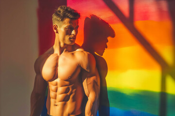 Young shirtless muscular man posing in front of rainbow background in gay concept shot