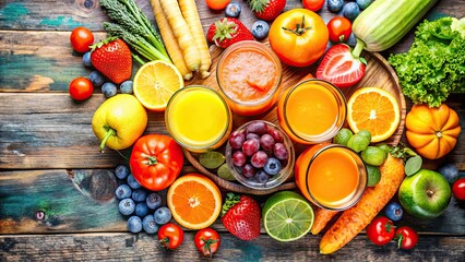 Canvas Print - Freshly squeezed orange juice and assortment of colorful fruits and vegetables , healthy, drink, beverage, vitamin C, citrus