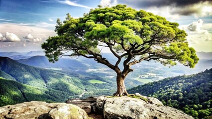 Sticker - Green tree standing on the surface of a mountain with a breathtaking view, tree, green, mountain, surface, beautiful