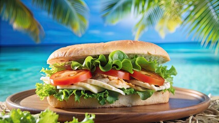 Sticker - Tasty sandwich with tomatoes, fresh lettuce, and fish on a tropical background, tropical, breakfast, sandwich, tomatoes