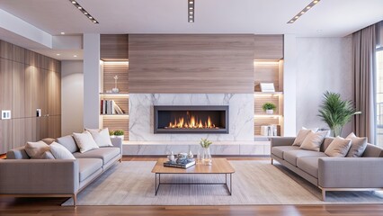 Sticker - Modern living room featuring a sleek fireplace and contemporary decor, modern, living room, fireplace, sleek