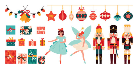 Poster - Merry Christmas and happy new year element vector set. Collection of nutcracker, christmas Ballet, gift, christmas buable, bell, hanging decorative. Design suitable for banner, invitation, decoration.