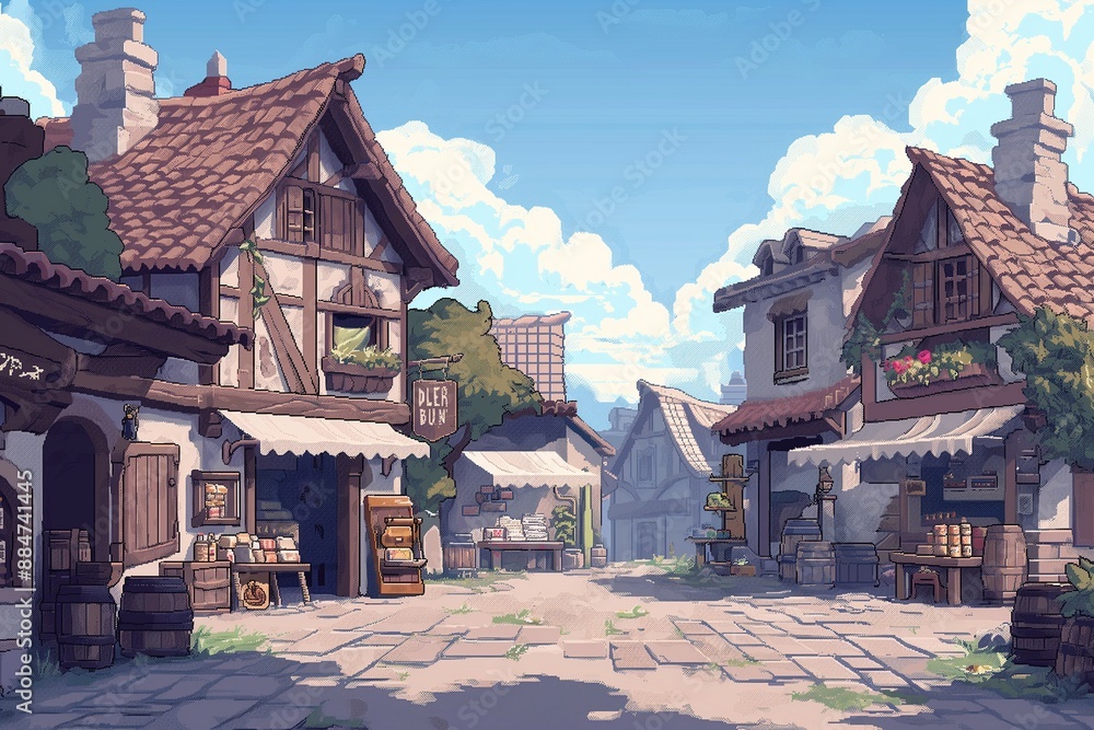 Pixel art illustration of a cozy medieval village with bustling market ...