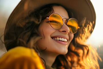 Wall Mural - Closeup of a joyful woman in sunglasses during sunset