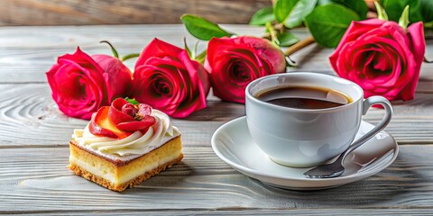 Wall Mural - Cup of coffee with dessert and roses on a table, coffee, cup, dessert, roses, table, romantic, elegant, food, drink