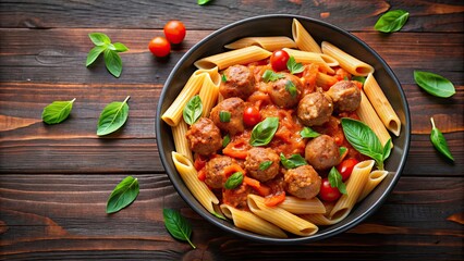 Poster - Penne pasta in flavorful tomato sauce topped with fresh meatballs and basil leaves , penne pasta