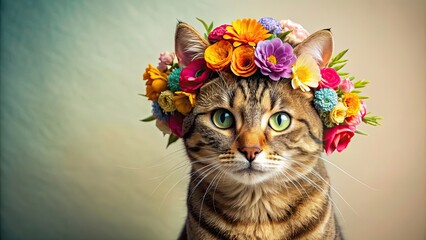 Wall Mural - Cat with colorful flowers in its fur , feline, pet, flora, vibrant, nature, beautiful, cute, adorable, domestic, flora