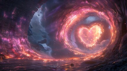 Wall Mural - A galaxy of heart is surrounded by a cloud of pink, blue and red.