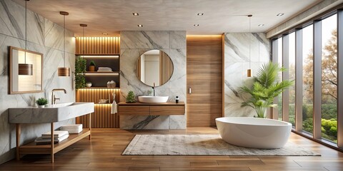 Poster - Modern minimalist bathroom interior featuring natural light, wood elements, and marble textures, modern, minimalist