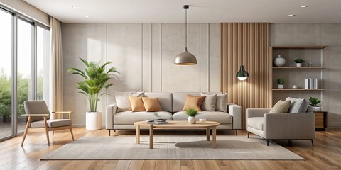 Sticker - Modern living room with minimalist furniture and neutral color palette, modern, living room, minimalist, furniture