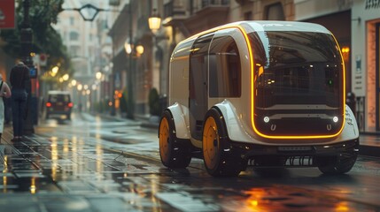 Wall Mural - Futuristic Autonomous Delivery Robot Navigates City Streets at Night After Rain