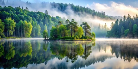 Canvas Print - A serene landscape of a misty forest reflecting a sense of tranquil beauty, serene, landscape, misty, forest, tranquil, beauty, calm