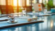 © WACHI - A medical stethoscope on a clipboard in a modern office with sunlight streaming in. Ideal for healthcare, office, or medical stock photo needs.