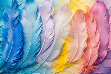 Poster - Vibrant multicolored feathers aligned in a row over a pastel textured surface