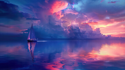 Wall Mural - A breathtaking photograph of a yacht descending into a deep blue ocean, causing a spectacular burst of underwater clouds, viewed from a side angle