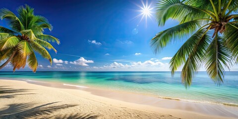 Wall Mural - Sandy beach with clear blue water and palm trees in the background, tropical, paradise, sand, ocean, relaxation, vacation