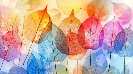 Canvas Print - A collection of vibrant, translucent leaves in various colors displayed against a bright, bokeh background, evoking nature and artistry.